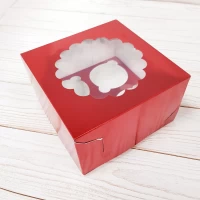 Коробка РК 4 капкейка с окном красная